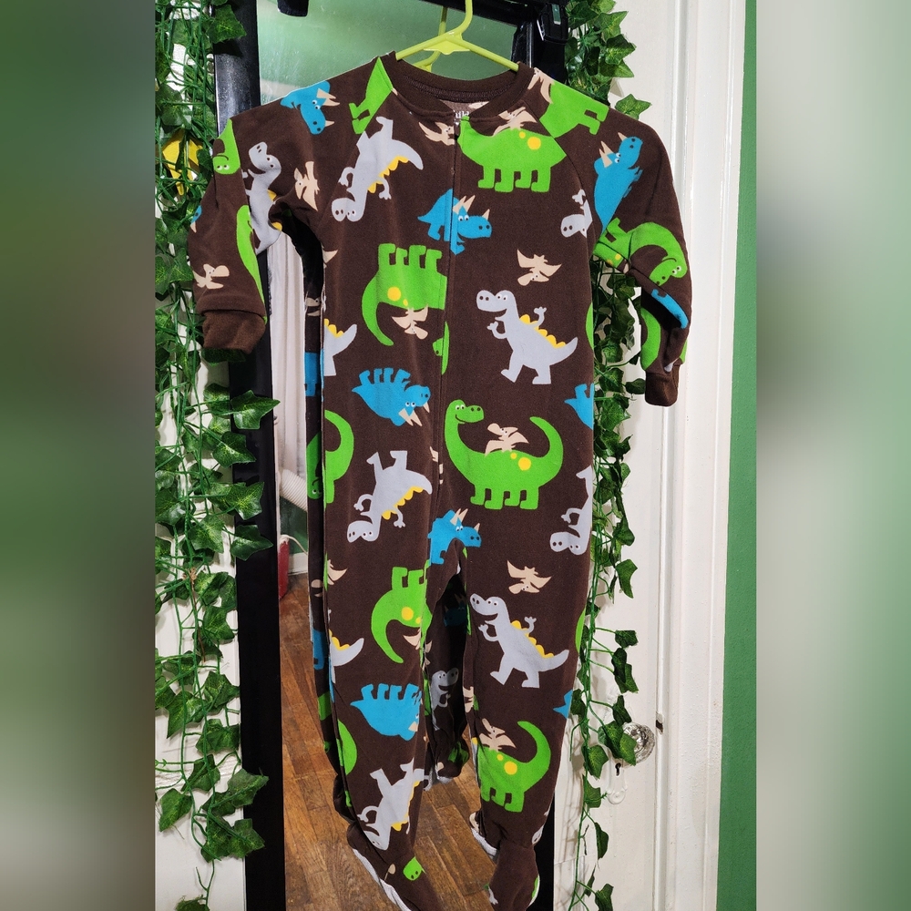 Carter's Brown/Green/Blue Dinos 1pc Fleece Zip-Up Footy PJs
